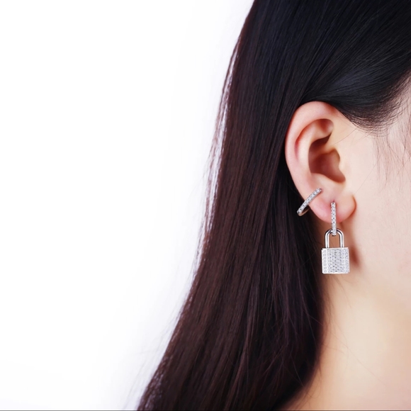 CZ Key Lock Drop Earrings - Picture 4 of 6